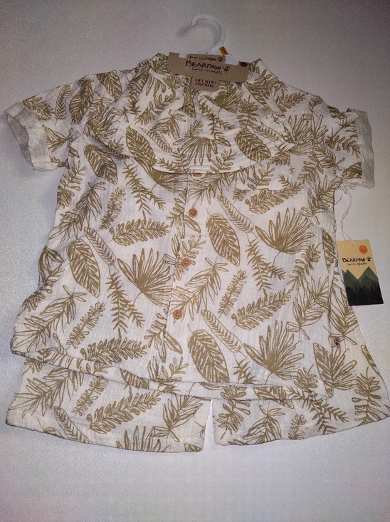 BearPaw Other - BearPaw Kids Leaf-Print  Shirt Short Set W/ Bucket Hat Beige Cream Size 5/6 New